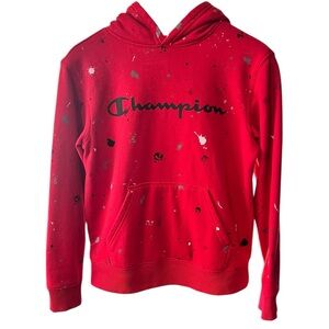 Champion Red Hoodie with Paint Splatter